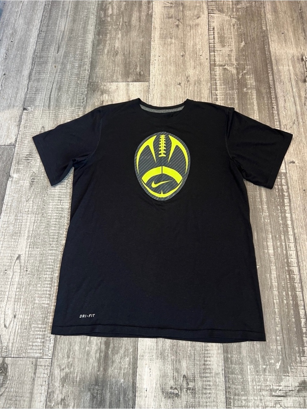 Nike Black Short-Sleeve Dri-FIT Tee with Neon Yellow Football Graphic Size M